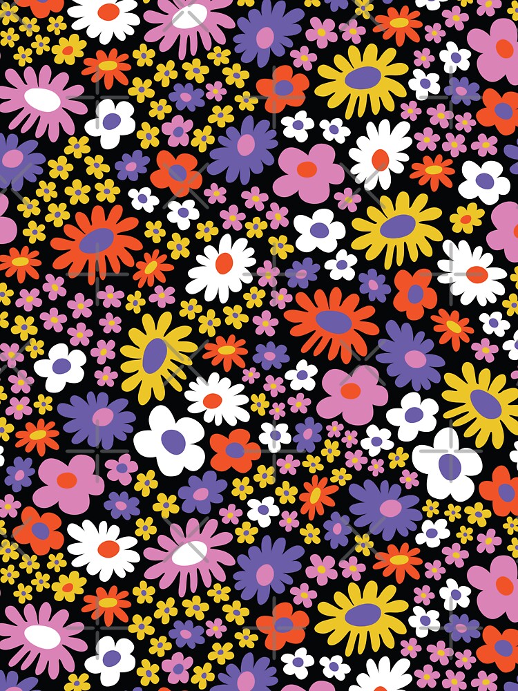Black 60s retro flower power, purple, pink, orange, 60s groovy pattern, hippie flowers by blomastudios