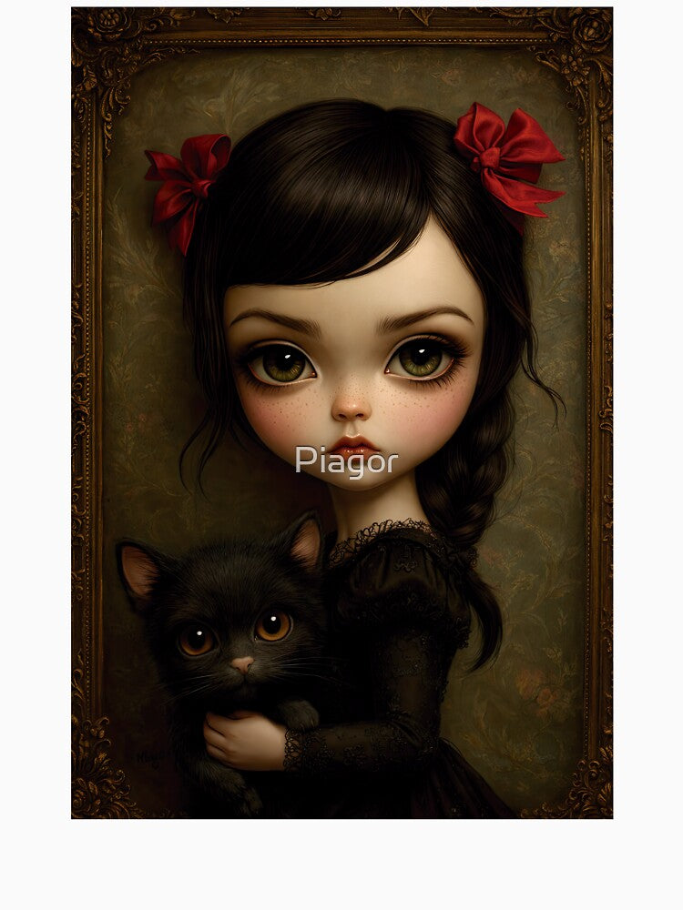 The Girl and Her Shadow Cat. Pop Surrealism Portrait inspired by Mark Ryden. Lowbrow art.. by Piagor