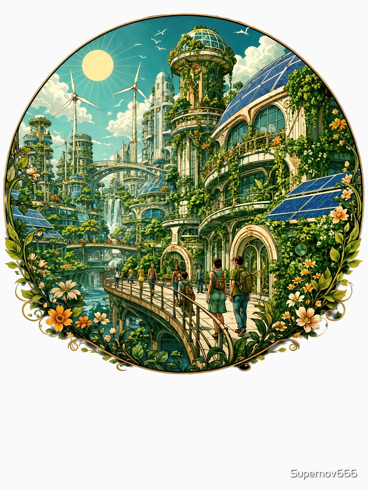 Sticker - Decal - T-shirt: Green Utopia — Solarpunk City of the Future in Full Bloom by ForeverPrintsOK