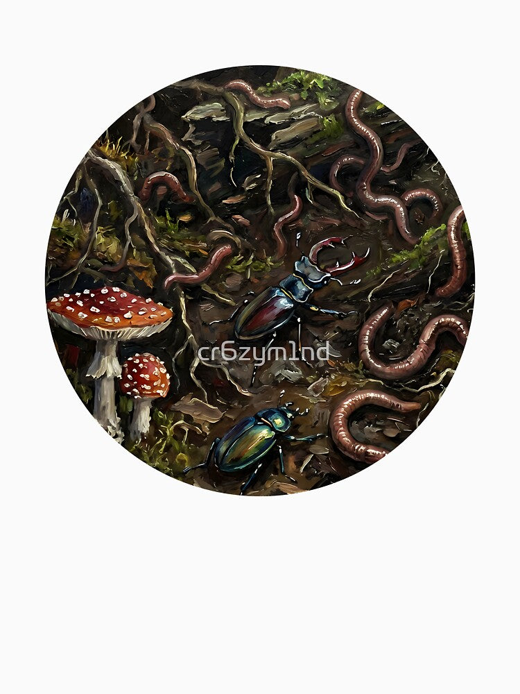 Goblincore Forest Floor Illustration with Earthworms, Beetles and Mushrooms by cr6zym1nd