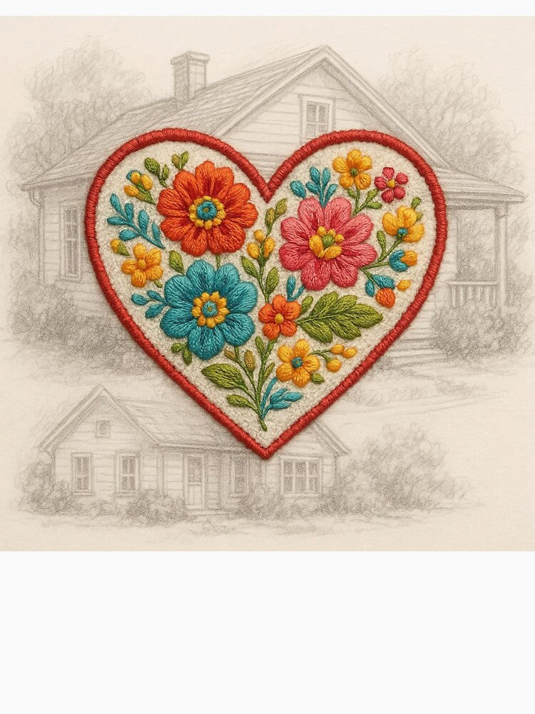 Embroidery-Style Heart Patch Over Hand-Drawn Sketch – Cute Textile Aesthetic by ashokreddy343