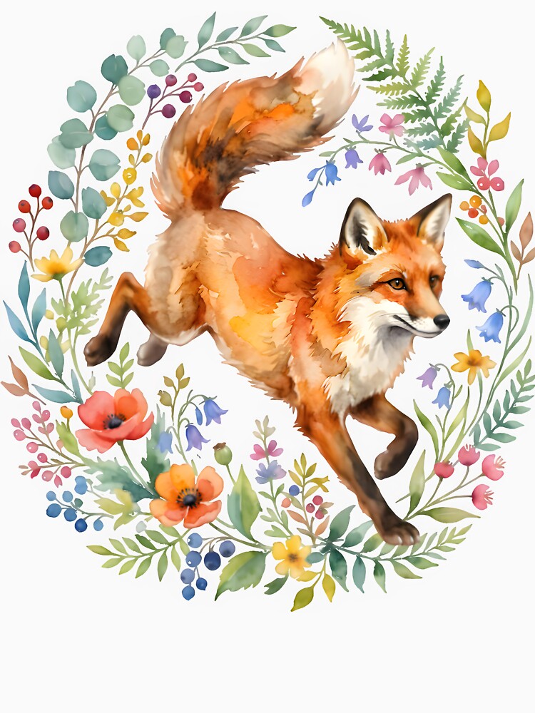 Whimsical Watercolor Red Fox Leaping Through Floral Wreath on Black by From the river to the sea