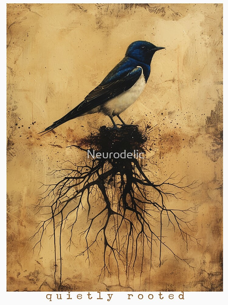Quietly Rooted – Painterly Surreal Swallow with Roots by Neurodelic