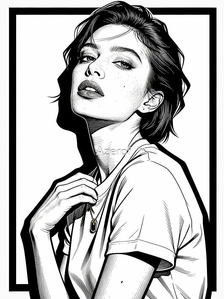 Aesthetic Black and White Girl Portrait Line Art by Azerof