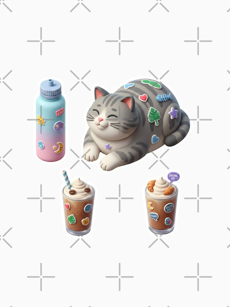 Cute 3D Clay Emotional Support Sticker Pack - Kawaii Cat and Iced Coffee by Gurjeetpixelart