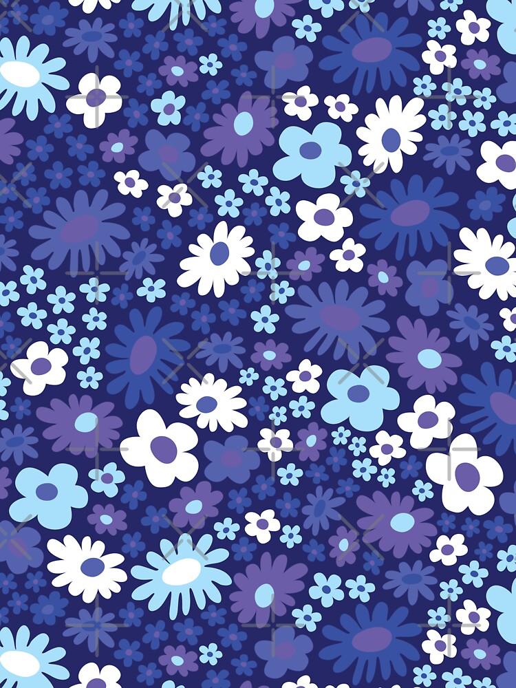 Blue 60s retro flower power, pastel blue, baby blue, dark blue, purple, 60s groovy pattern, hippie flowers by blomastudios