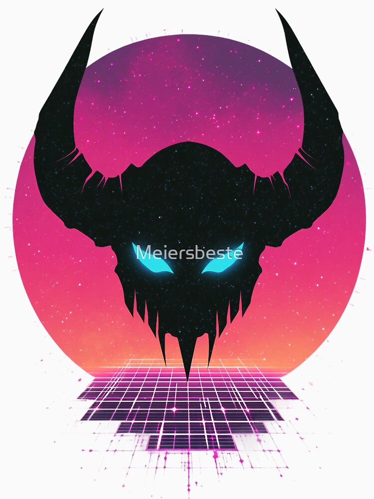 Synthwave Devil Emblem – Neon demon skull in front of a retro sun by Meiersbeste