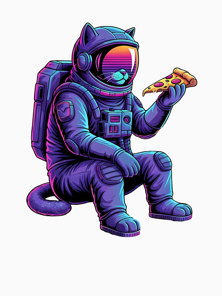 Chill Astronaut Cat Sitting on Retro Sunset Grid with pizza by LIGHT-CANVAS