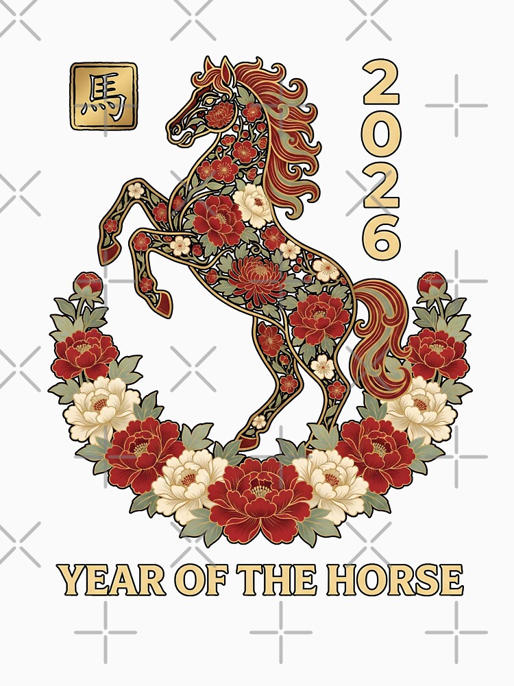 2026 Year of the Horse, Red Floral Chinese Zodiac Lunar New Year Gift, Elegant Horse Asian Art Graphic Tee by saloui