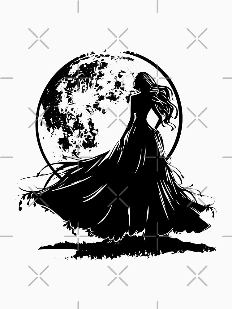 Moonlit Silhouette Woman – Gothic Black and White Fantasy Art by inkoutninja