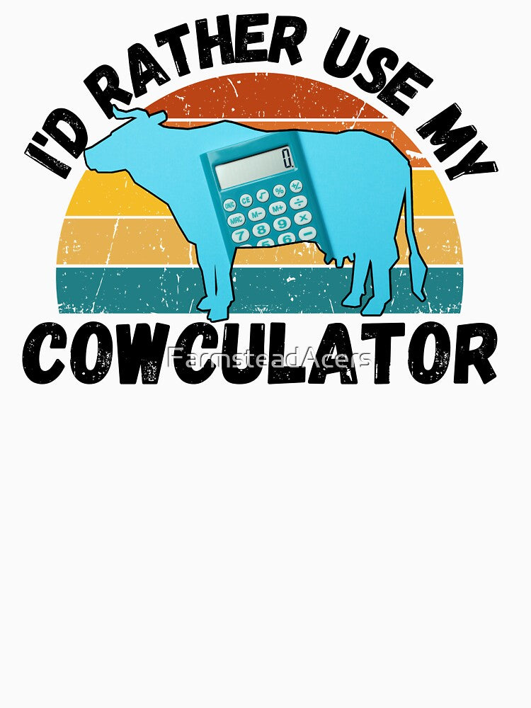 Black version of Light Blue Math Cow with Vintage sunset "Cow-Culator" jokes Funny colorful cow puns Calculator by FarmsteadAcers