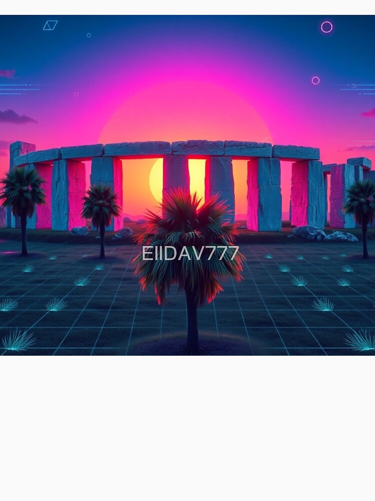 Vaporwave Stonehenge Sunset with Palm Trees - Retro Synthwave Digital Art Print by EllDAV777