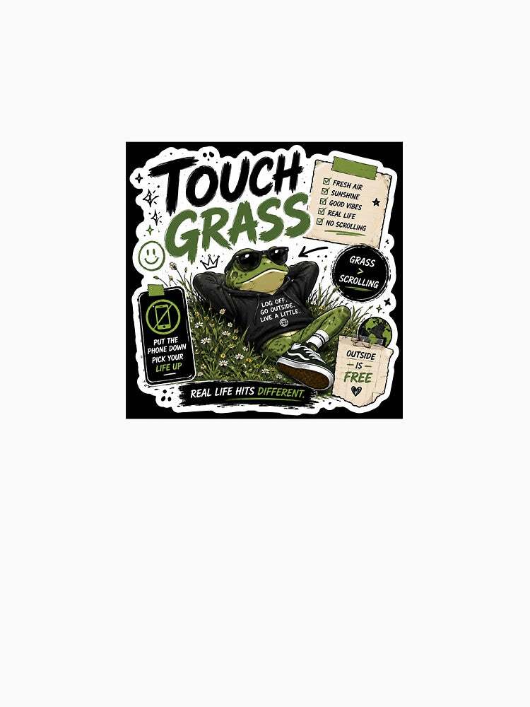 Touch Grass | Funny Gen Z Frog Meme Sticker by Ananyamalik12