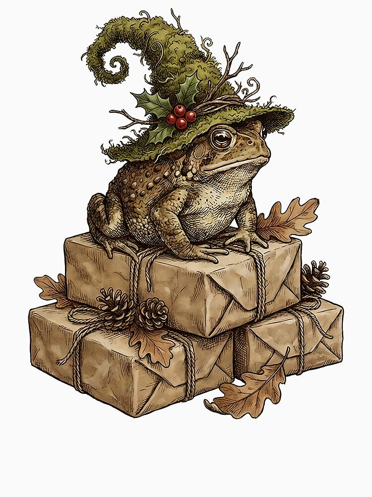 Vintage Goblincore Christmas Toad - Rustic Holiday Moss Hat Frog by The Mossy Library