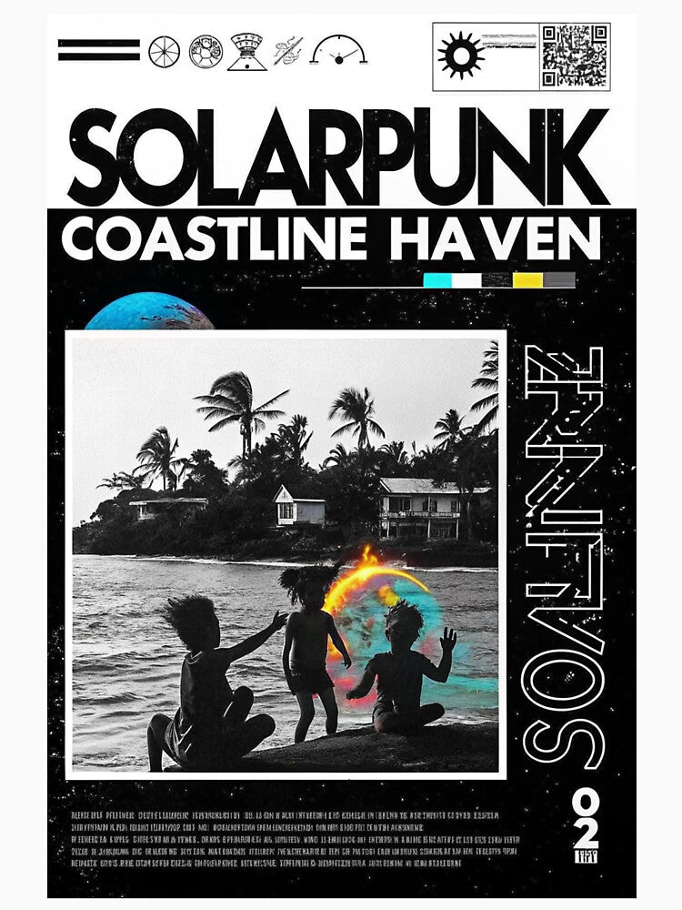 Solarpunk Coastline Haven Kids Beach Art Print by Raw-Ink