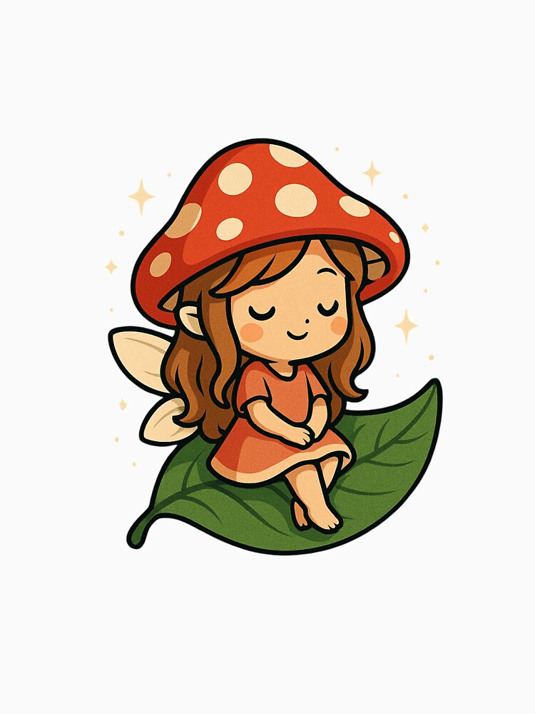 Chibi Mushroom Fairy on Leaf – Cute Cottagecore Forest Aesthetic Design by ColorSplash123