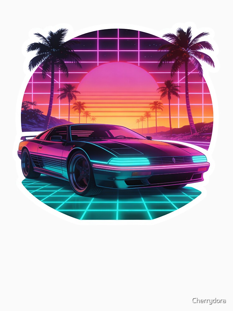 Synthwave Car Sticker | Outrun Aesthetic Neon Retro Sports Car | 80s Sunset Vaporwave Grid Art by Cherrydora