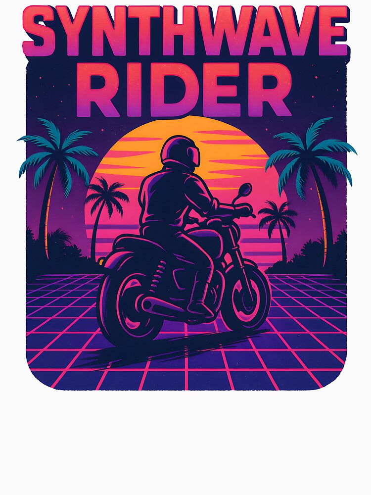 Synthwave Rider on Motorcycle with Neon Sunset and Palm Trees. by The-T-In-Retro