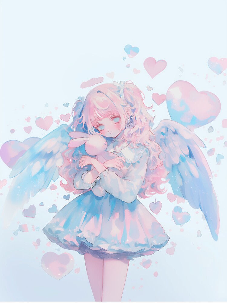 Soft Pastel Angel Girl with Wings and Bunny - Kawaii Aesthetic Art by Kawai Anime Shop