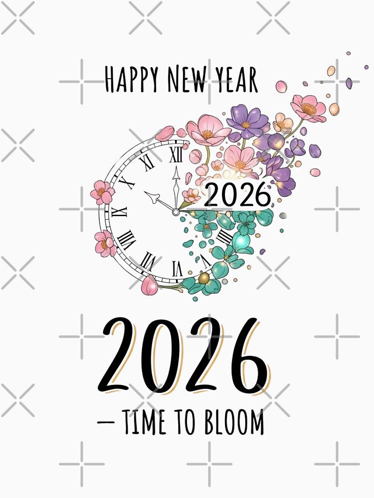 Happy New Year 2026 Floral Clock - Time To Bloom Illustration by lojadpop