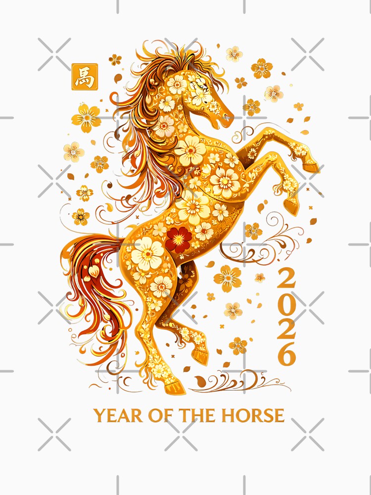 2026 Year of the Horse, Golden Chinese Zodiac Lunar New Year Gift, Floral Horse Asian Art Graphic Tee by saloui