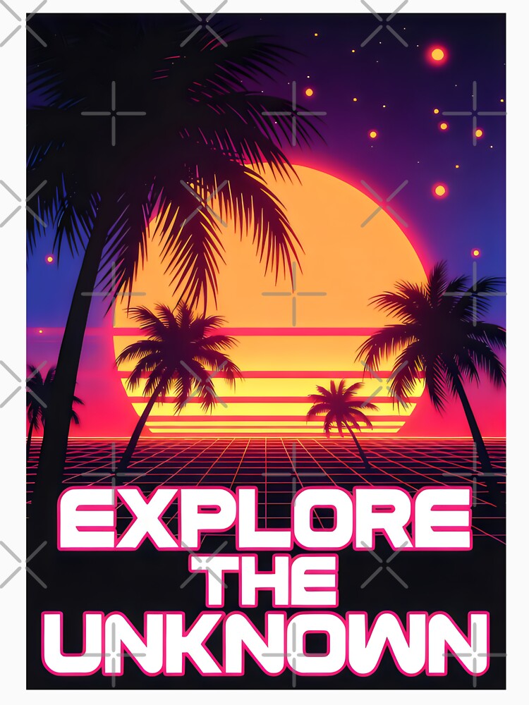 Explore the Unknown Retro Sunset Design with Grid, Palms and Cosmic Adventure Vibes by SplashTastic