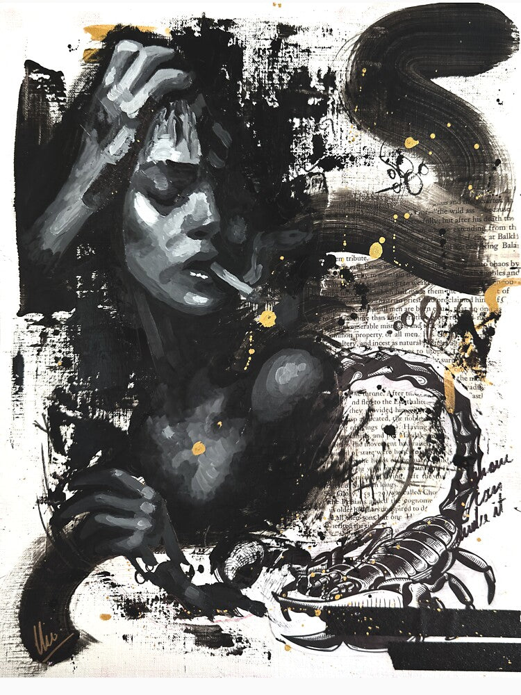 Pages of Me – Mixed Media Woman with Cigarette & Scorpion by CheHojas