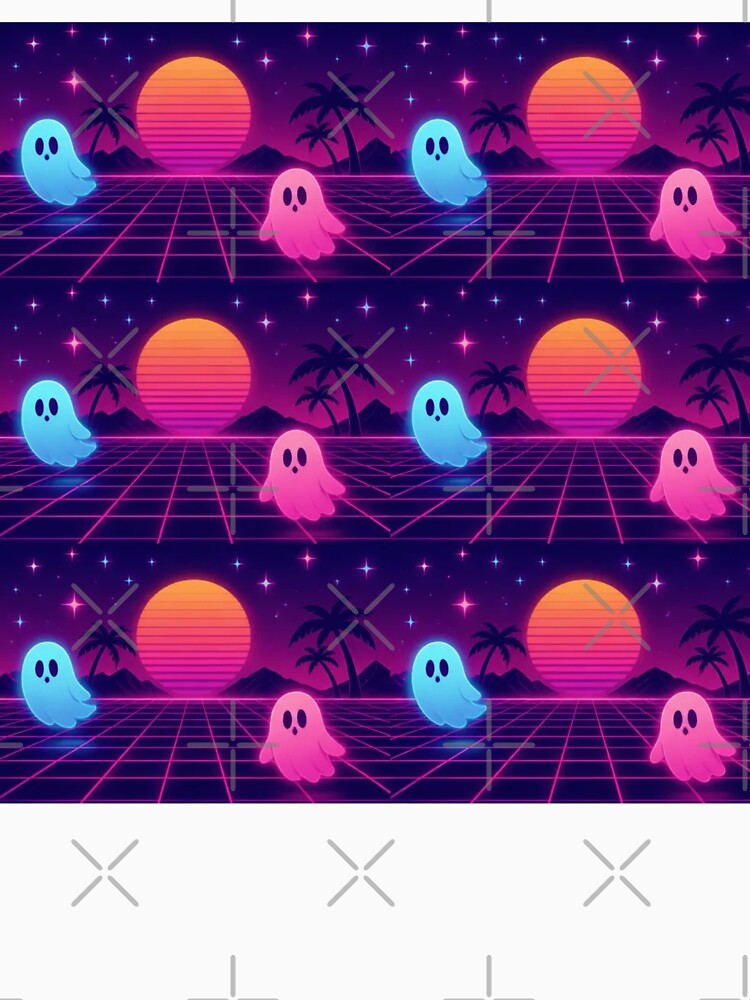Retro Halloween Ghost Sunset Grid Vaporwave Pattern by StickyGuys