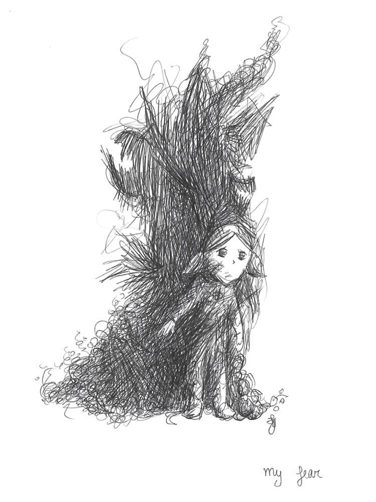 Small Child Fearful of Inner Darkness Hand Drawn Ballpoint Pen by BOKEbyTC
