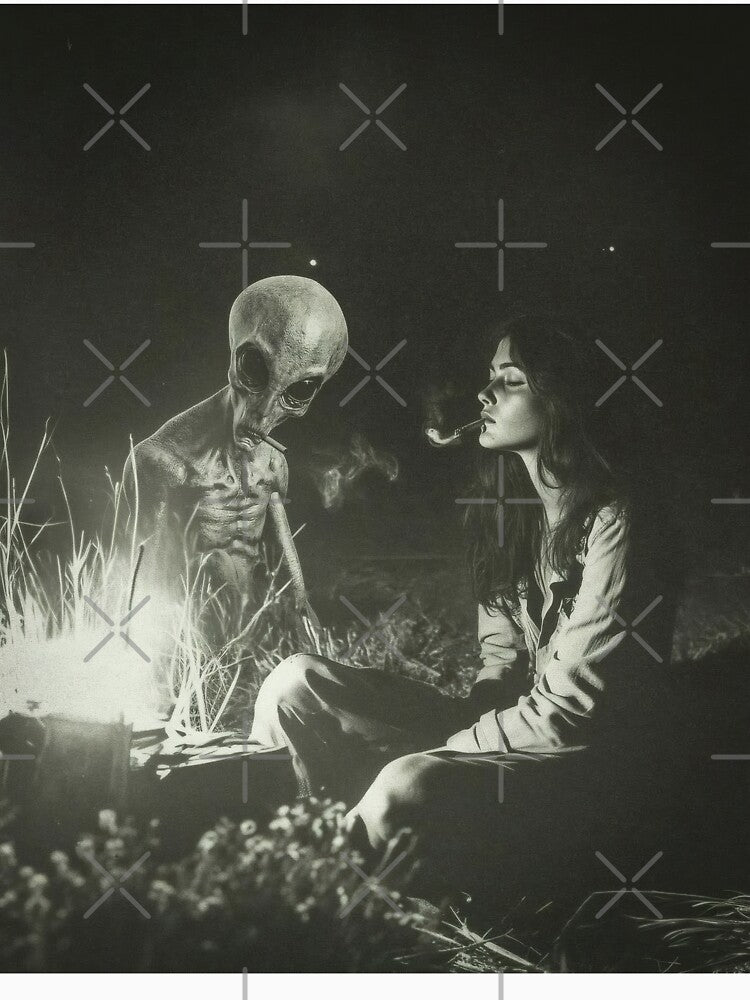 Smoking with an Alien – Surreal Night Encounter Art by Not Hugo