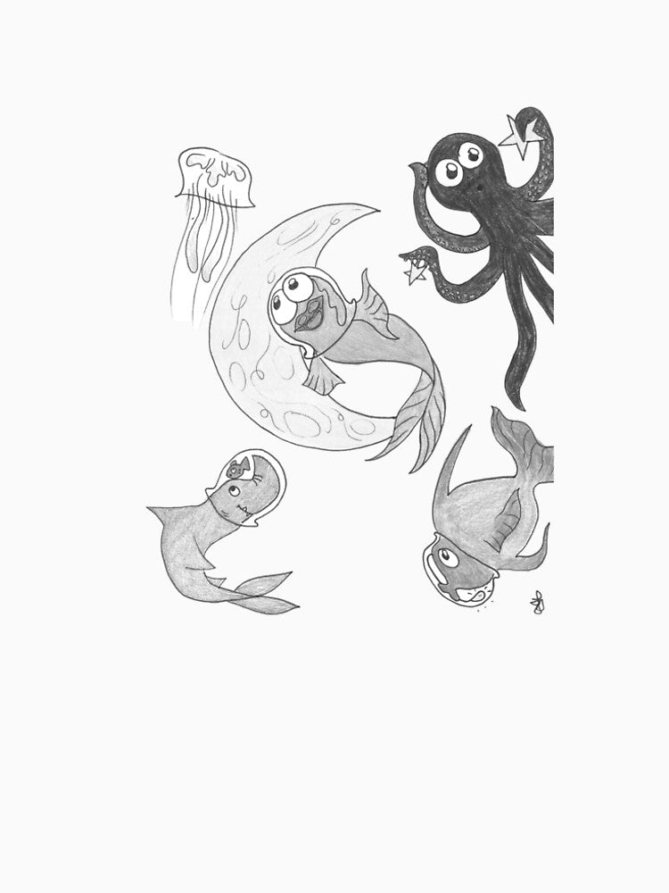 Great Underwater Friends On a Space Mission Pencil Grayscale Drawing by BOKEbyTC