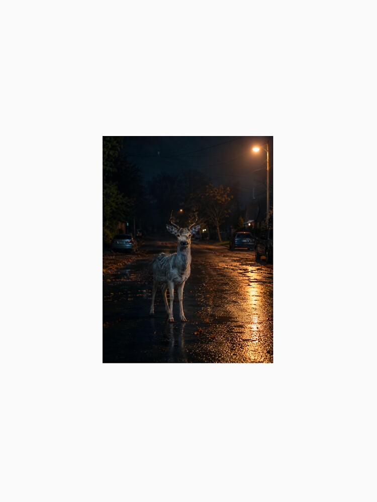White Deer in Midnight Street - Urban Wildlife Photography Print by NightlarkS