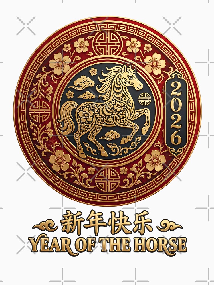 Year of the Horse 2026, Chinese Zodiac New Year Gift, Red Gold Asian Art Graphic Tee by saloui