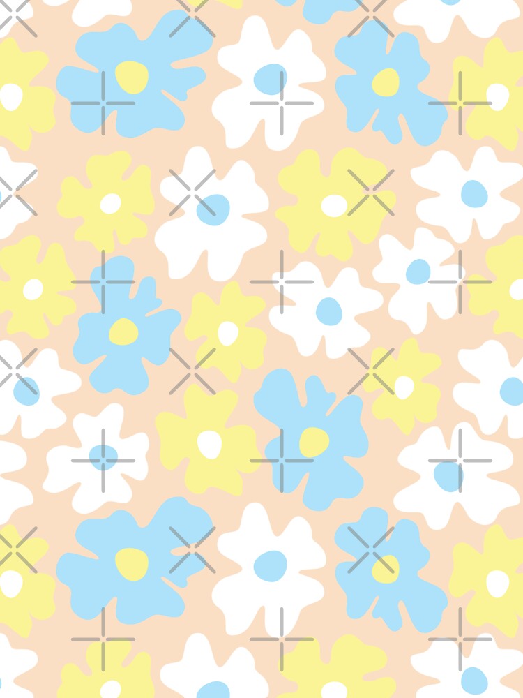 60s retro flower power, pastel blue, yellow, beige, 60s groovy pattern, hippie flowers by blomastudios