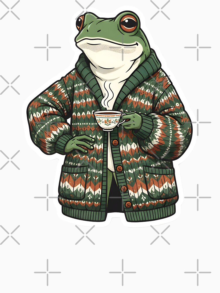 Dapper Frog in Vintage Cardigan Cozy Goblincore Aesthetic Dark Cottagecore Mossy Green by StickyGuys