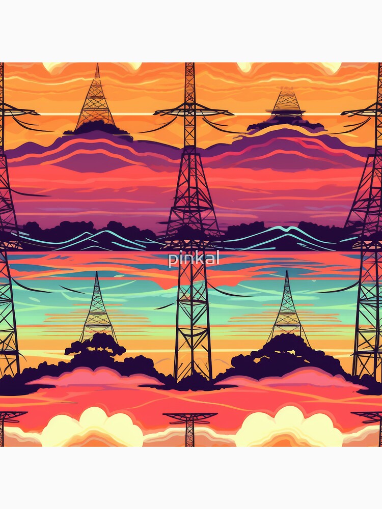 Retro Synthwave Sunset Landscape with Electric Pylons Pattern by pinkal