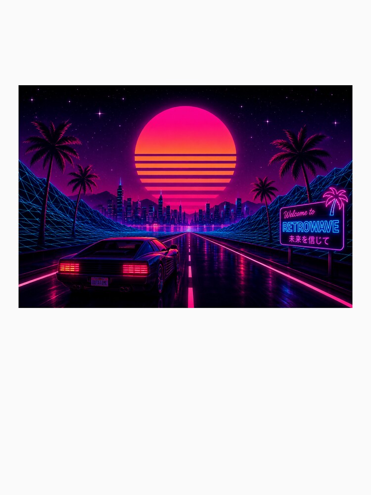 Retrowave 80s Neon Sunset Sports Car by Reshmakhan