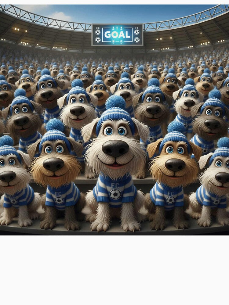 Cute Cartoon Dogs as Soccer Fans in Blue Stadium Crowd by Pixel Pout
