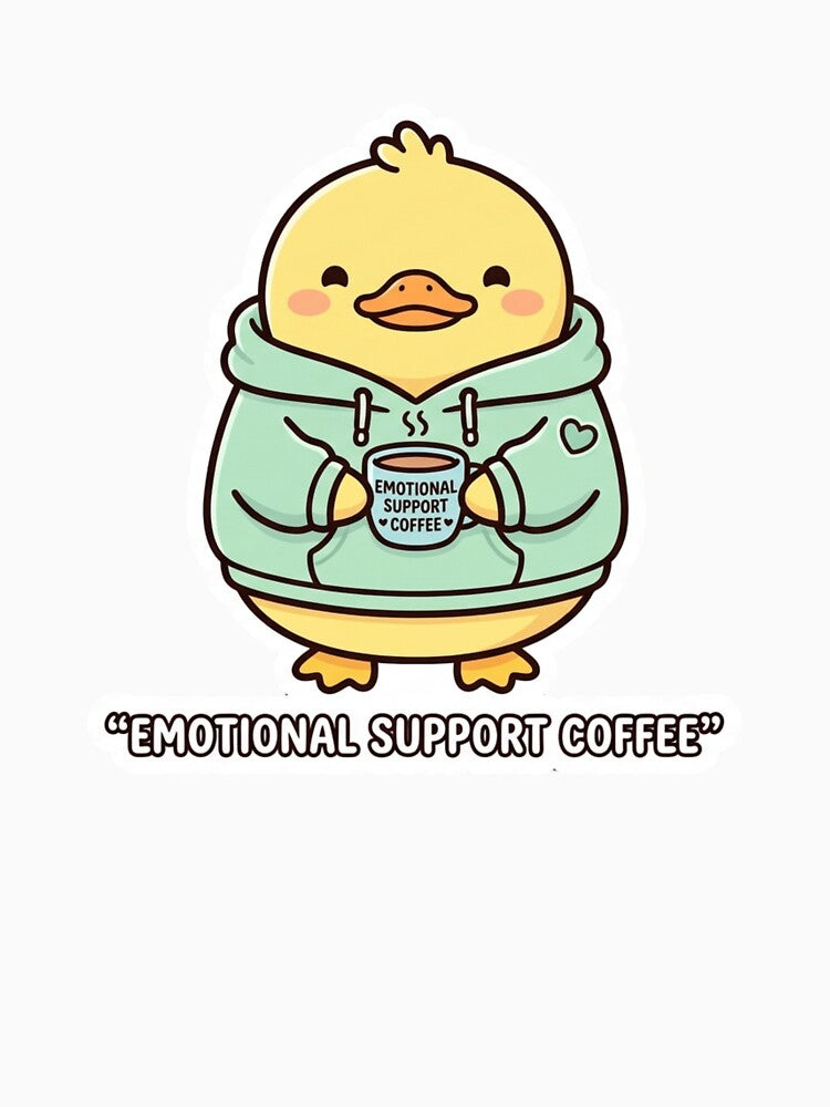 Cute Duck in Hoodie with Emotional Support Coffee Kawaii Sticker by ItsArtisticLab