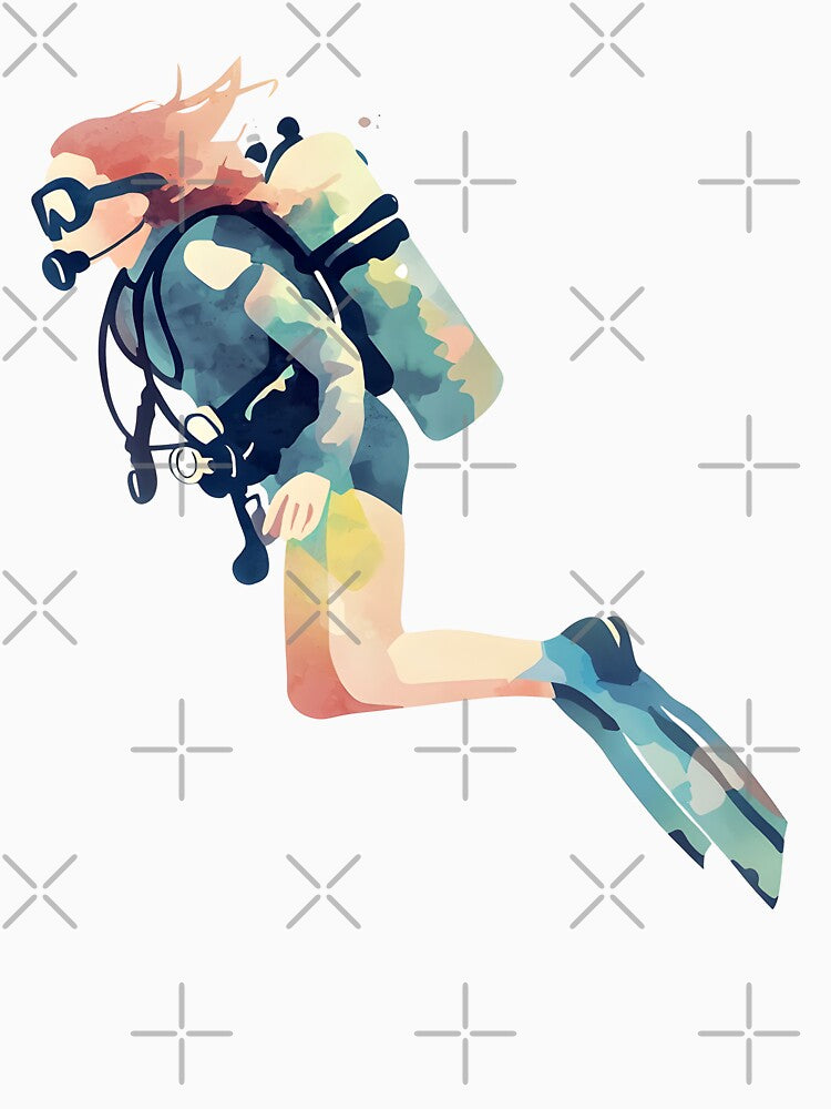 A little diver girl with scuba gear, swimming, full body, flat watercolor style, pastel tones, clean and minimalist design by wonderisland