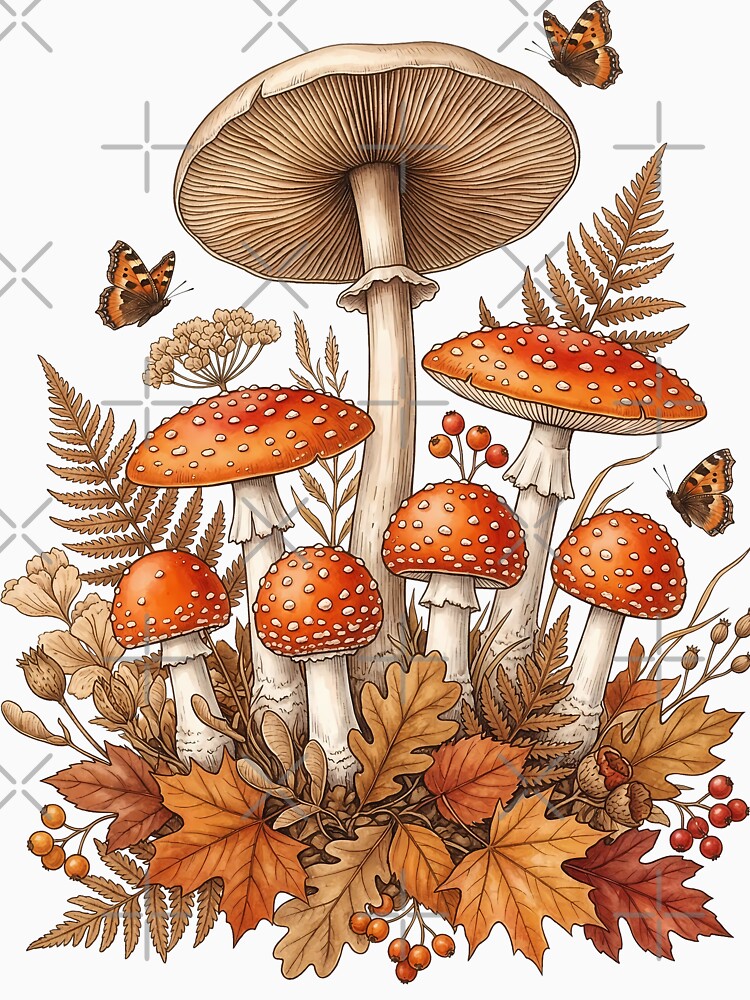 Vintage Amanita Mushrooms & Autumn Leaves | Cottagecore Botanical Art by TANKLI