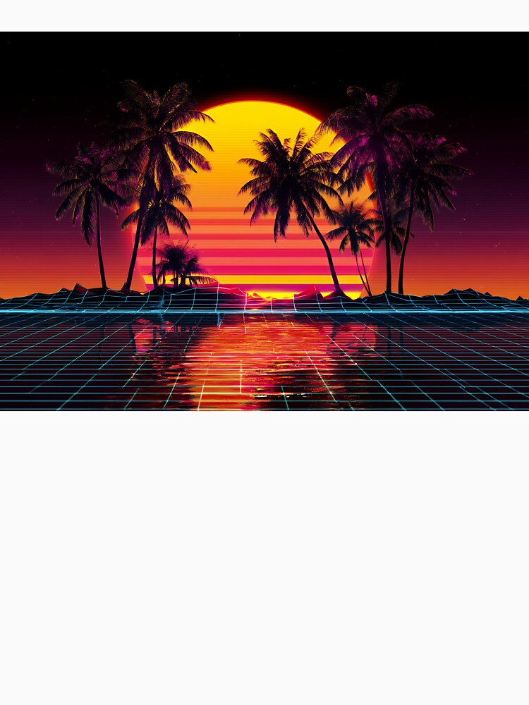 Magenta Neon Palm Trees Reflecting in Starry Retrowave Grid Sunset by EK-World