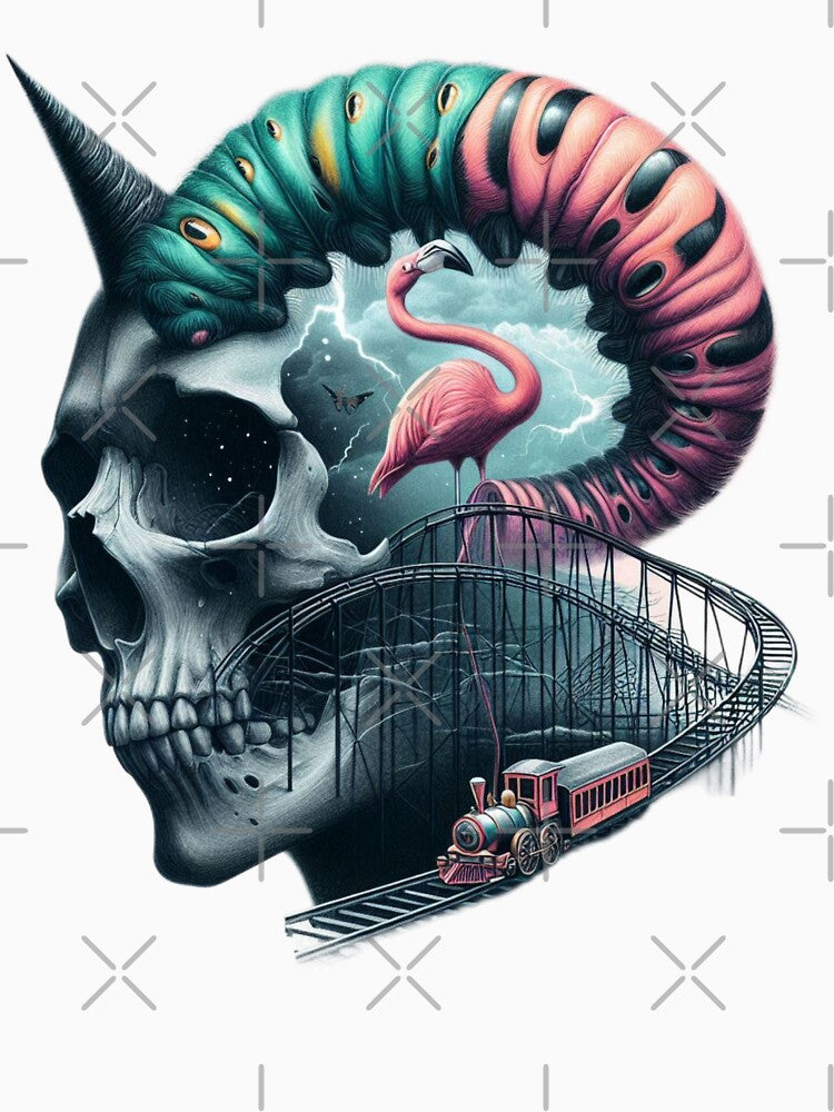 Gothic Skull and Many Eyed Caterpillar Surreal Train Art by LujziWorld