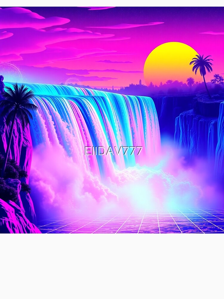 Vaporwave Neon Waterfall Grid Sunset Synthwave Art Print - Retro Cyberpunk Palm Trees Poster by EllDAV777
