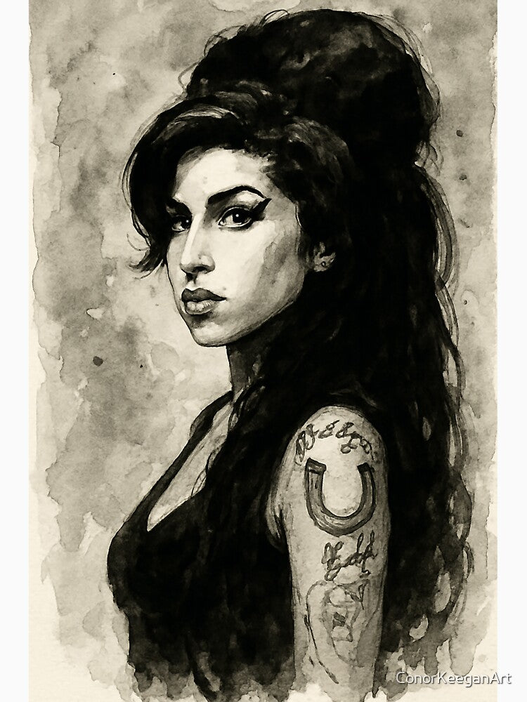 Amy Winehouse Portrait Art – Black Ink Watercolour Painting of Music Icon by ConorKeeganArt