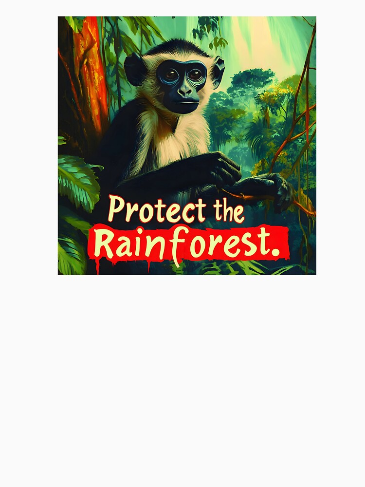 Protect the Rainforest design with monkey in lush jungle, promoting wildlife conservation and environmental awareness message by ArtPetrenko90