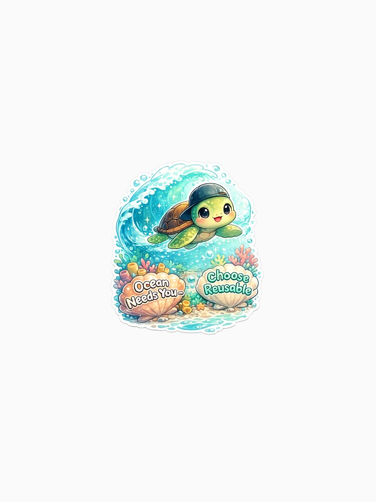 Chibi Turtle Ocean Sticker – “Ocean Needs You, Choose Reusable” by SparkVault