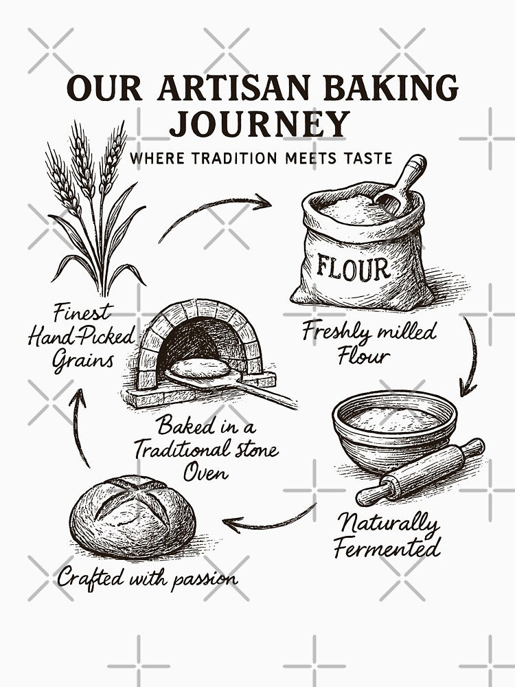 Artisan Baking Journey Design with Hand-Drawn Breadmaking Steps and Traditional Oven Illustration by SplashTastic