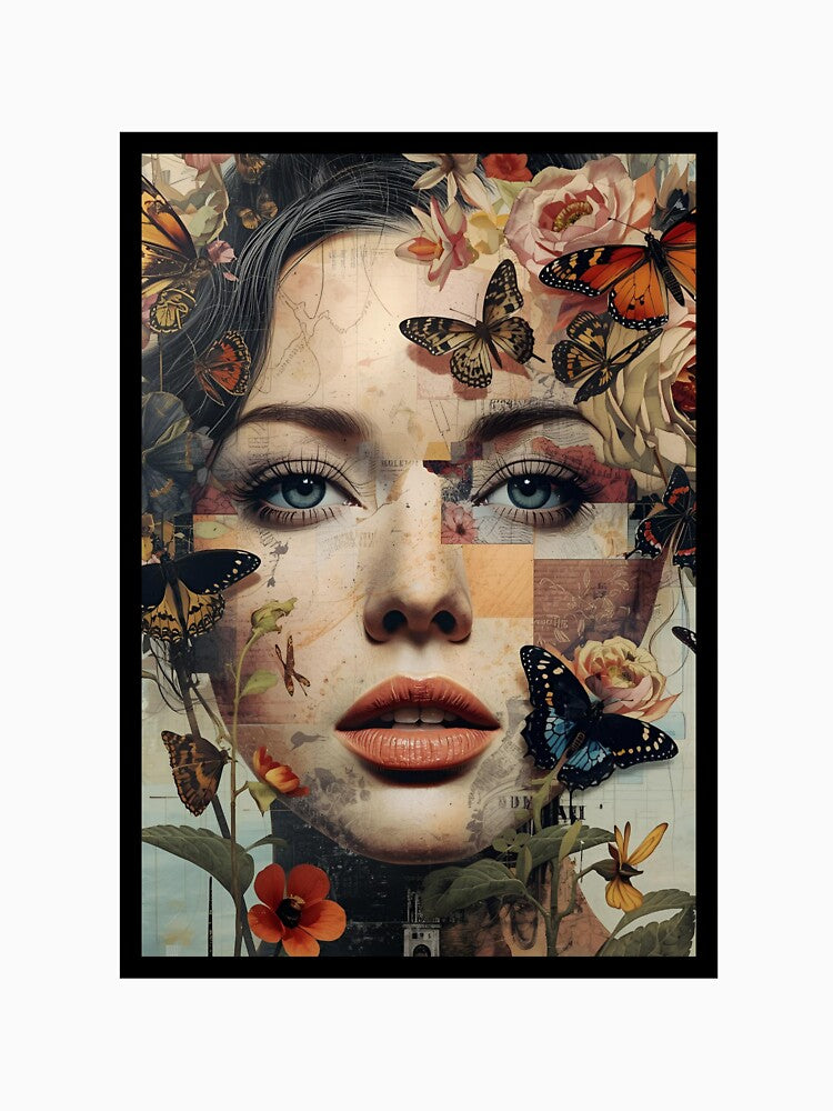 Surreal Collage Portrait of a Woman with Butterflies and Flowers by CosmicCutouts
