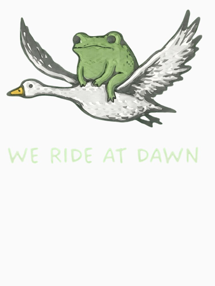 We Ride At Dawn Frog Riding Goose Funny Meme Watercolor by haitrieuic96